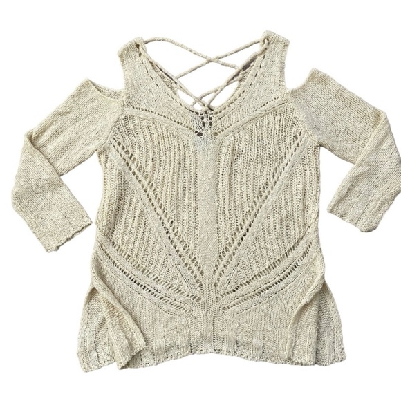 She + Sky Women’s Cold Shoulder Open Knit Sweater Size Large Off White Beige - Picture 1 of 7
